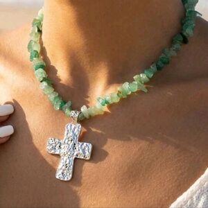 Green Stone Necklace with Silver Cross Pendant